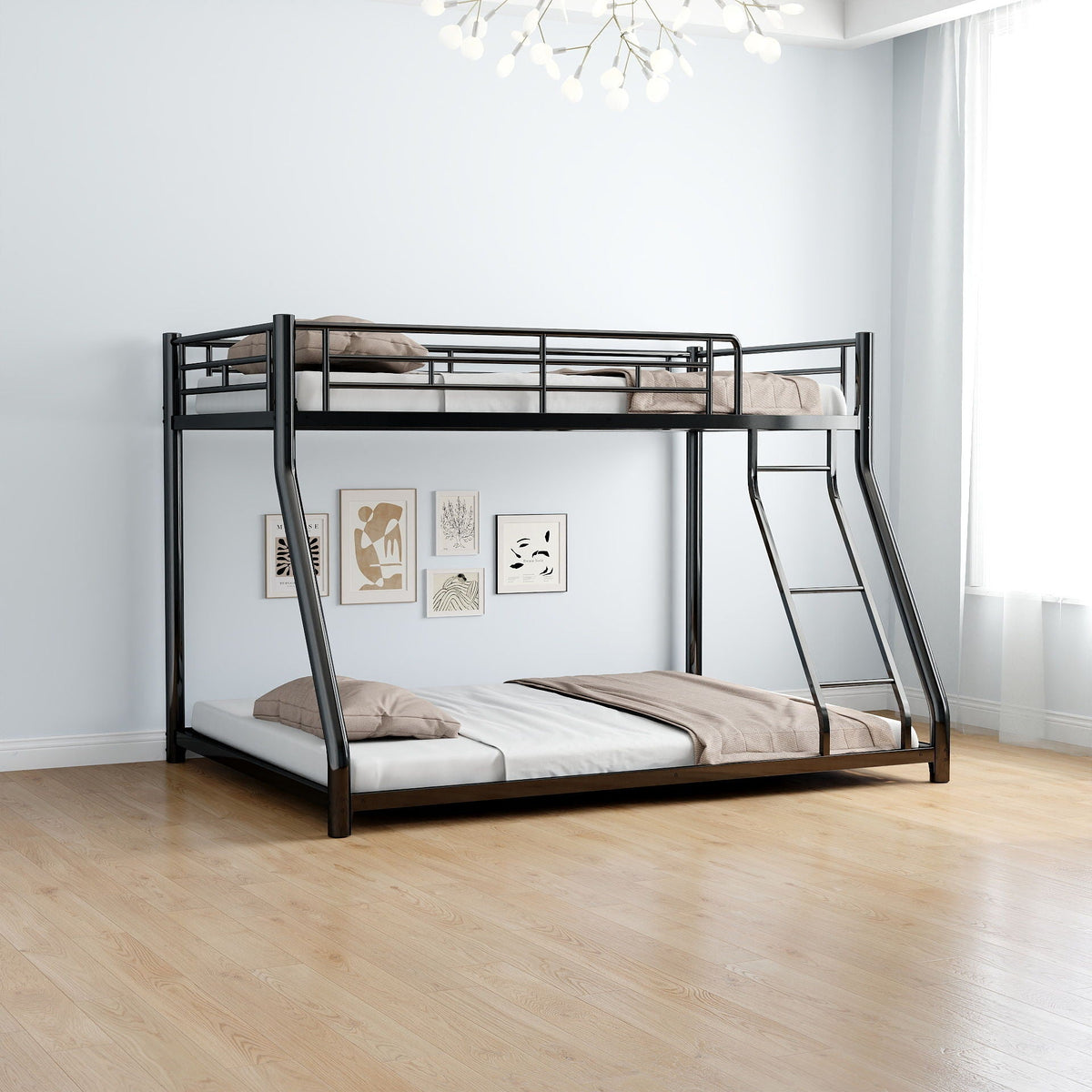 Bunk Bed Frame With Ladder And Guardrail, Heavy Duty Noise Free Design Metal Construction