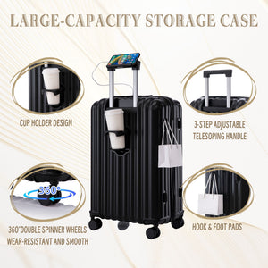 20" / 24" / 28" 3 Pieces / Set Spinner Wheel Luggage, Carry On Suitcase, With Cup Holder & USB Port & Phone Holder