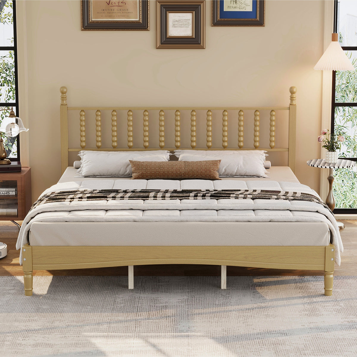 King Size Wood Platform Bed with Gourd Shaped Headboard