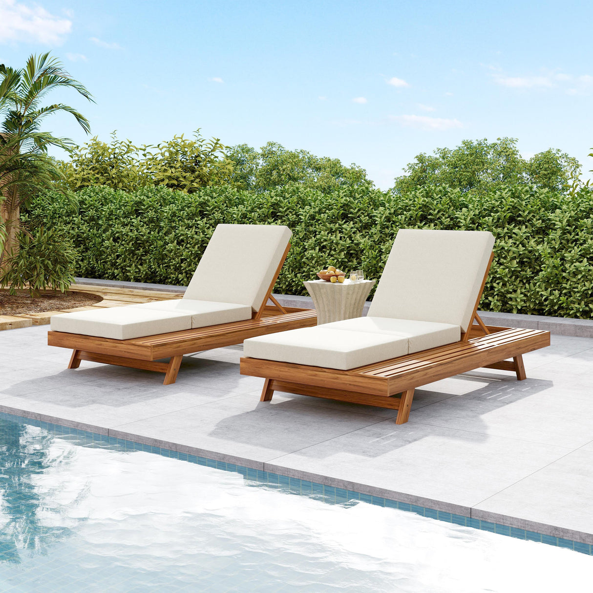 Lounge Chaise Set with Acacia Solid Wood and Cream Cushion