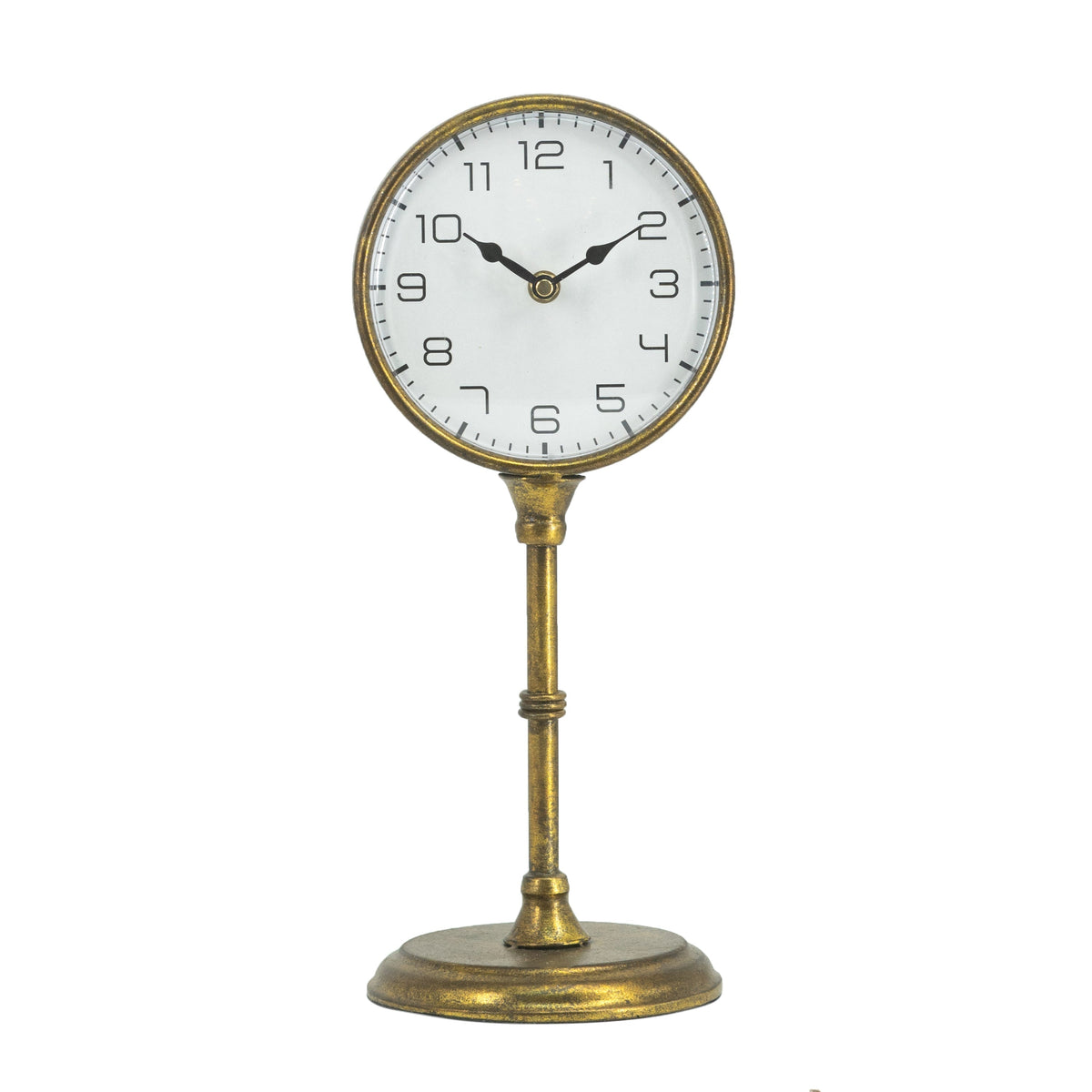 Vintage Inspired Gold Iron Table Clock with Pedestal Design - Gold