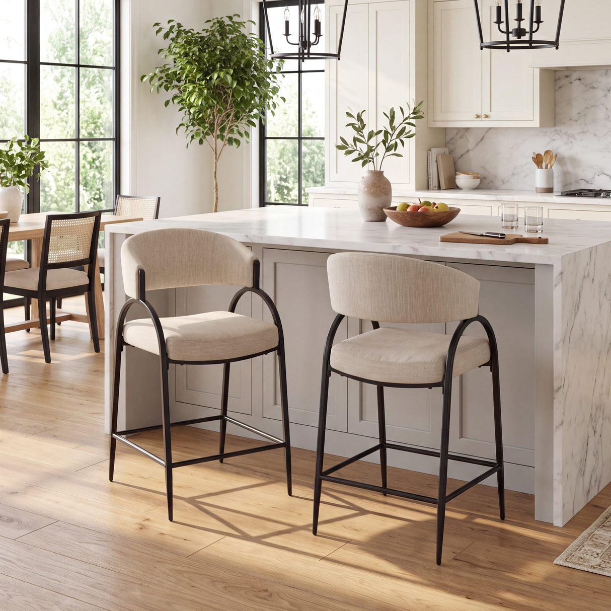 25'' Seat Height Modern Fabric Bar Stools with Back