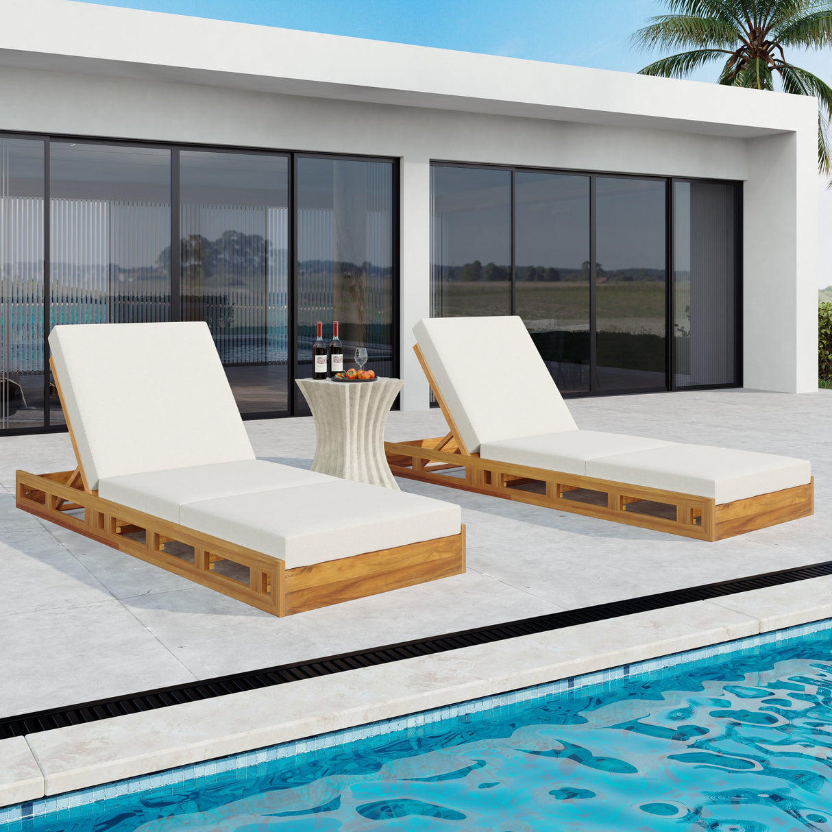 Lounge Chaise Set, Acacia Solid Wood with Lounge Cushion (Cream & Triple Fold) - Matching Dark