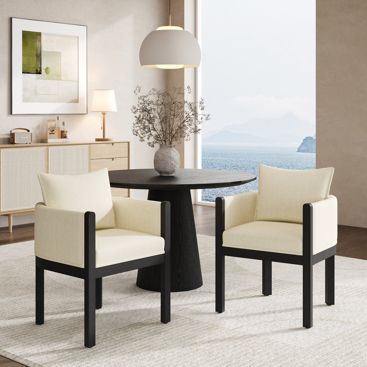 Linen Upholstered Armchair with Black Rubber Wood Legs
