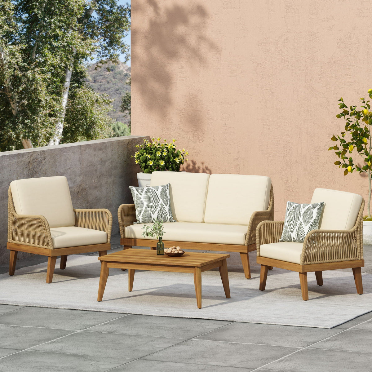 Hueber - Outdoor And Rope 4 Seater Chat Set With Cushions - Teak