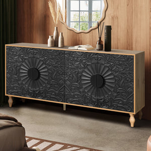 Black Carved Symmetrical Design Door And Wood Coloured Frame TV Stand