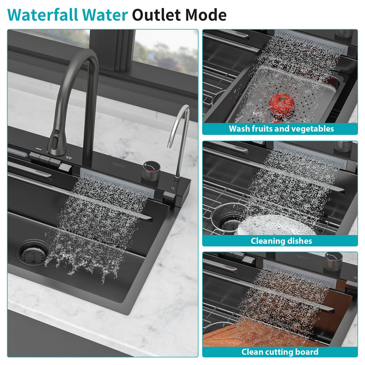 30" Whale Digital Waterfall Sink With LED Display, 16 Gauge Single Bowl Ledge Workstation - Gunmetal Black