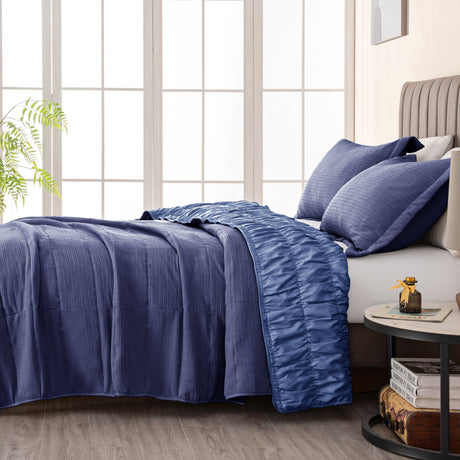 Navy-textured-striped-quilt-set-with-shams-Quilts-&-Comforters
