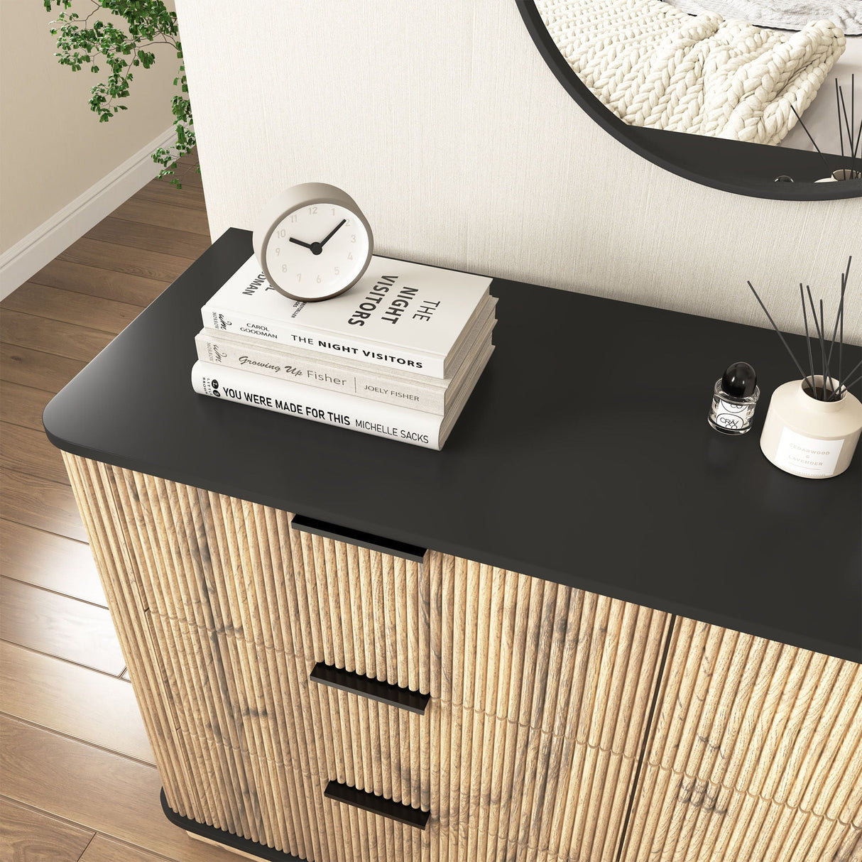 Modern 6 Drawer Cabinet With Metal Rounded Corners And Exquisite Handles Multi Functional Storage - Natural Wood