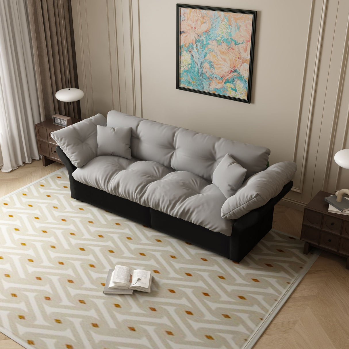 Queen Pull Out 3-in-1 Convertible Sleeper Tufted Sofa & 2 Soft Pillows
