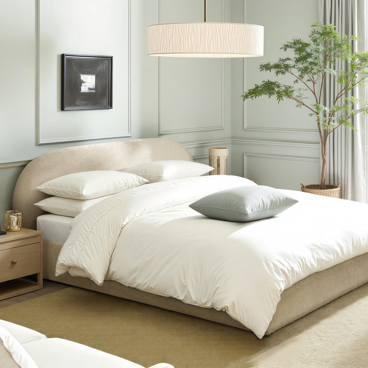 Archie Puffy Grounded Upholstered Platform Bed - Oatmeal Light