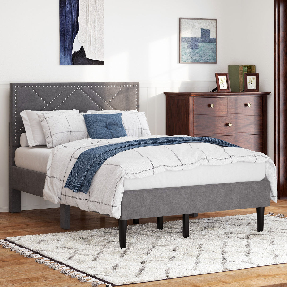 Full Bed Frame with Linen Storage Headboard