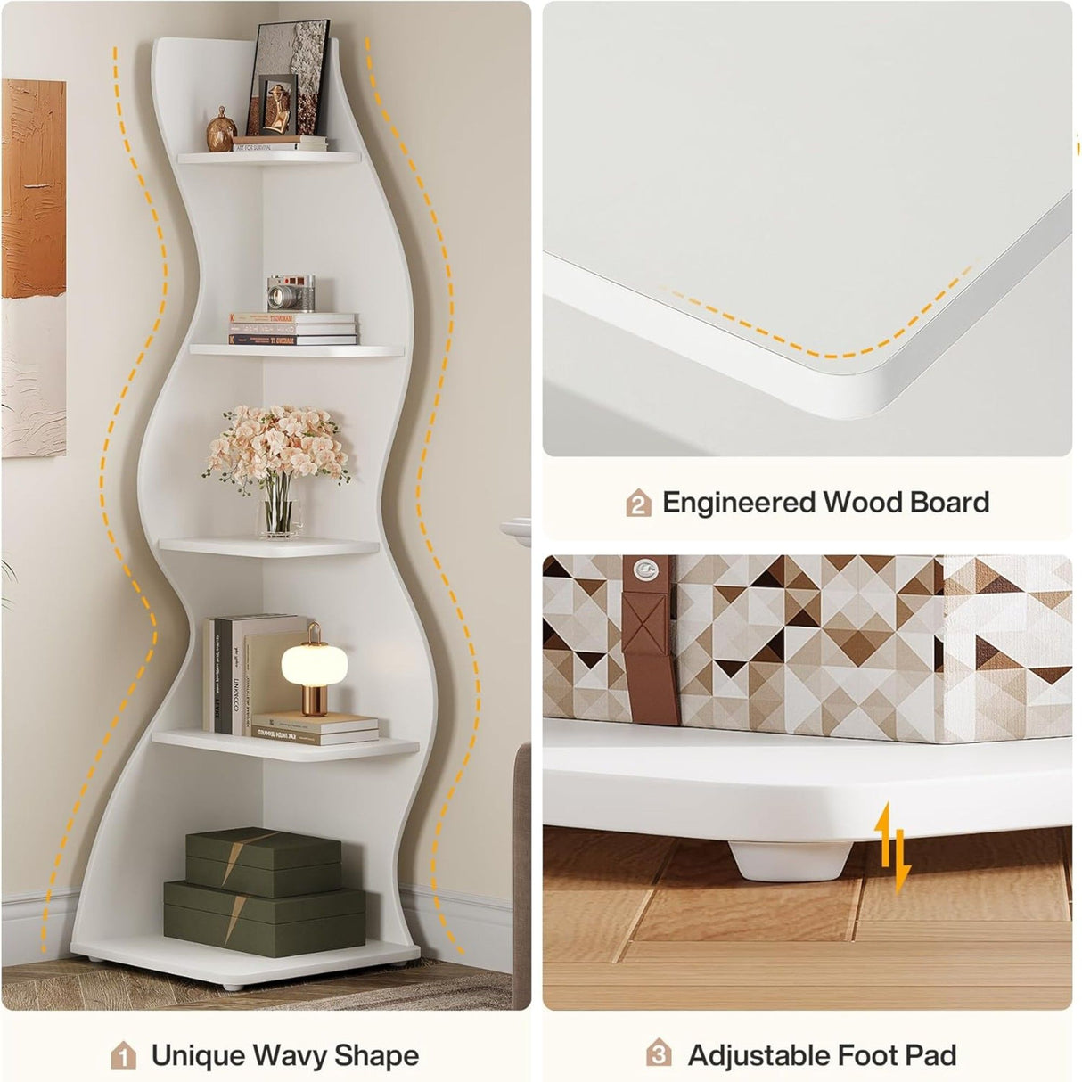5 Tier Wavy Corner Bookshelf And Plant Stand For Living Room