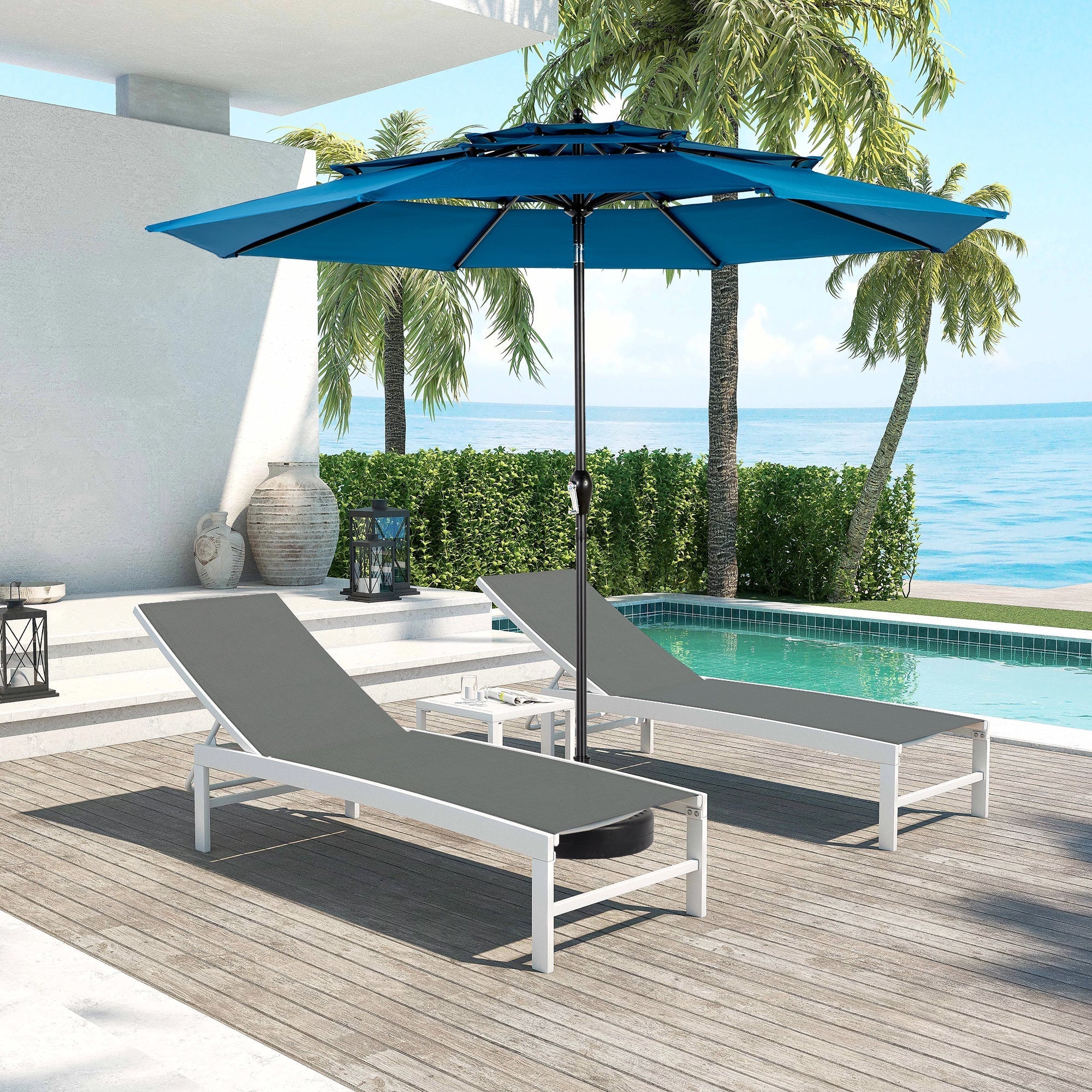 べべある Aluminium 10ft 3 Tier Auto-Tilt Outdoor Patio Umbrella - Dark Blue