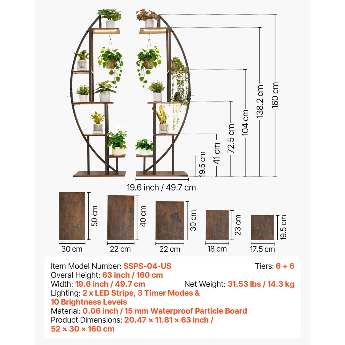 63-Inch Tall 6-Tier Indoor Plant Stand with Grow Lights (2-Pack)