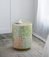 14x18'-Cylindrical-Garden-Capiz-Stool,-Accent-Side-Table,-Green/Pink-Side-Tables