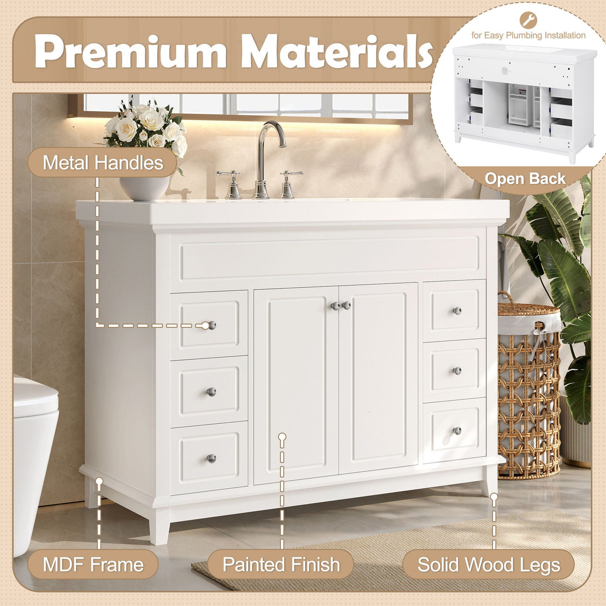 Bathroom Vanity With Sink, 6 Soft Close Drawers & Double Doors - White