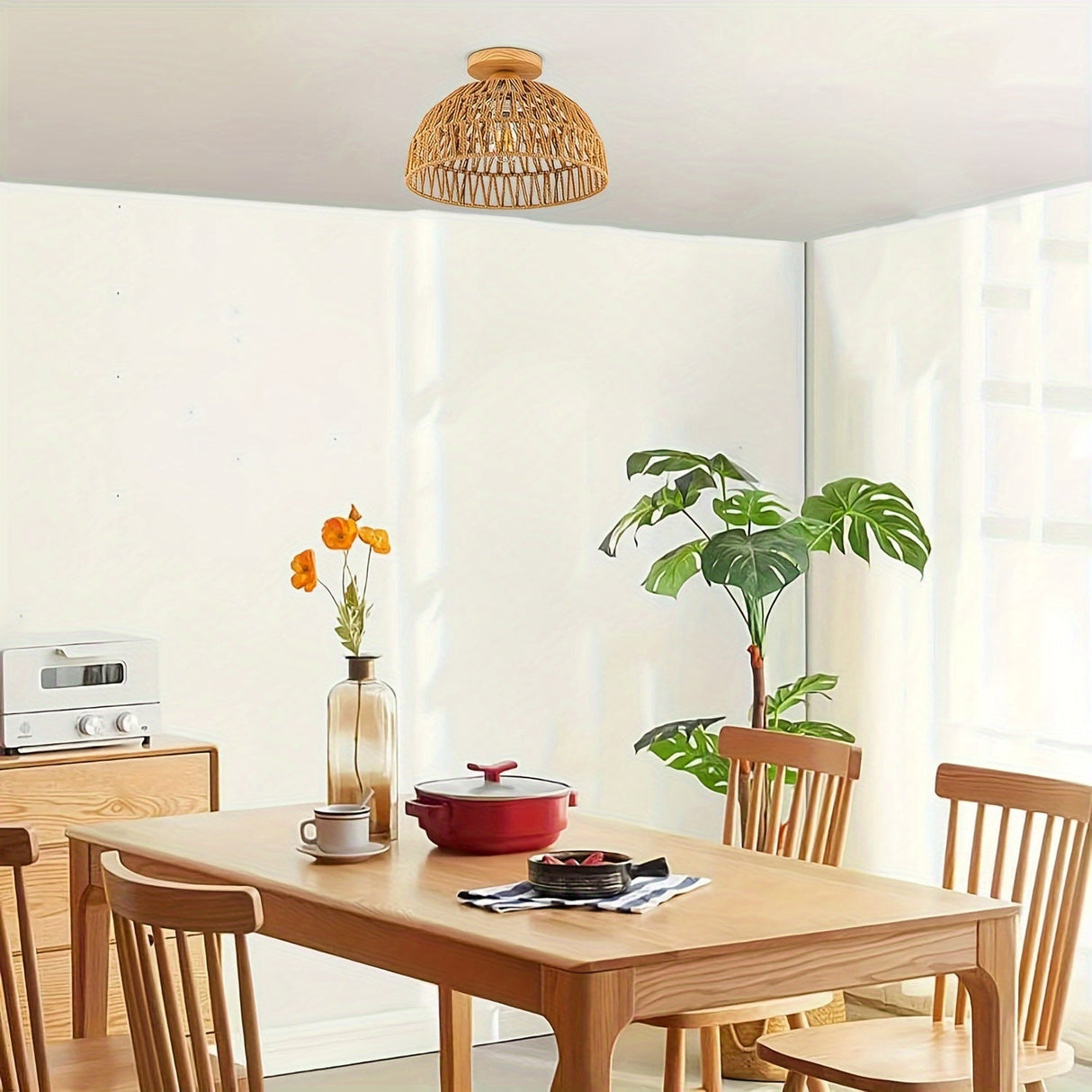 Boho Rattan Ceiling Light Flush Mount Handwoven Pendant Lamp for Bedroom