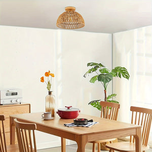 Boho Rattan Ceiling Light Flush Mount Handwoven Pendant Lamp for Bedroom