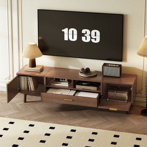 TV Stand for 75" TVs with Soft Closing Doors, Console with Accents and Drop Down Cabinet - Dark Brown