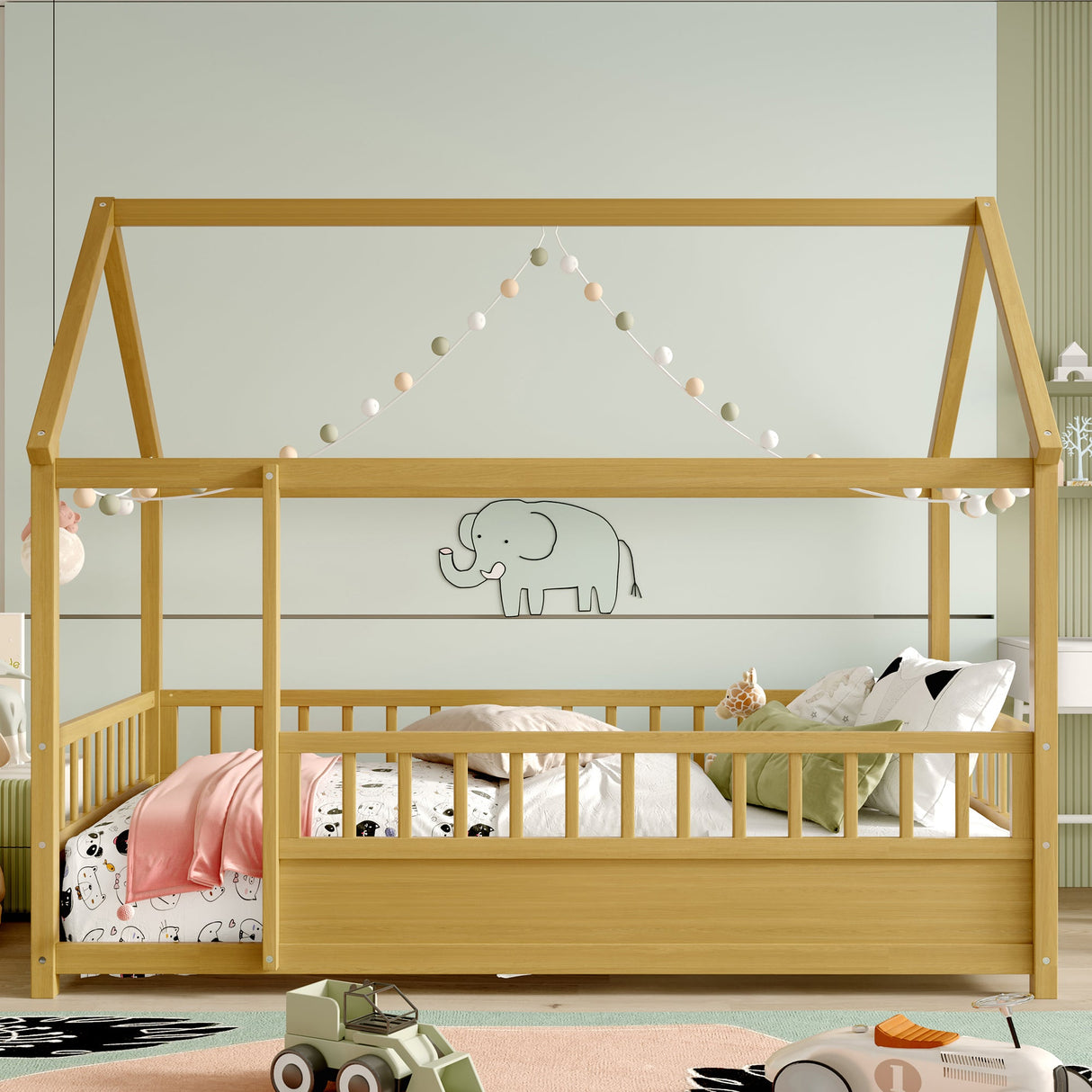 Twin Size Floor Wooden Bed with House Roof Frame