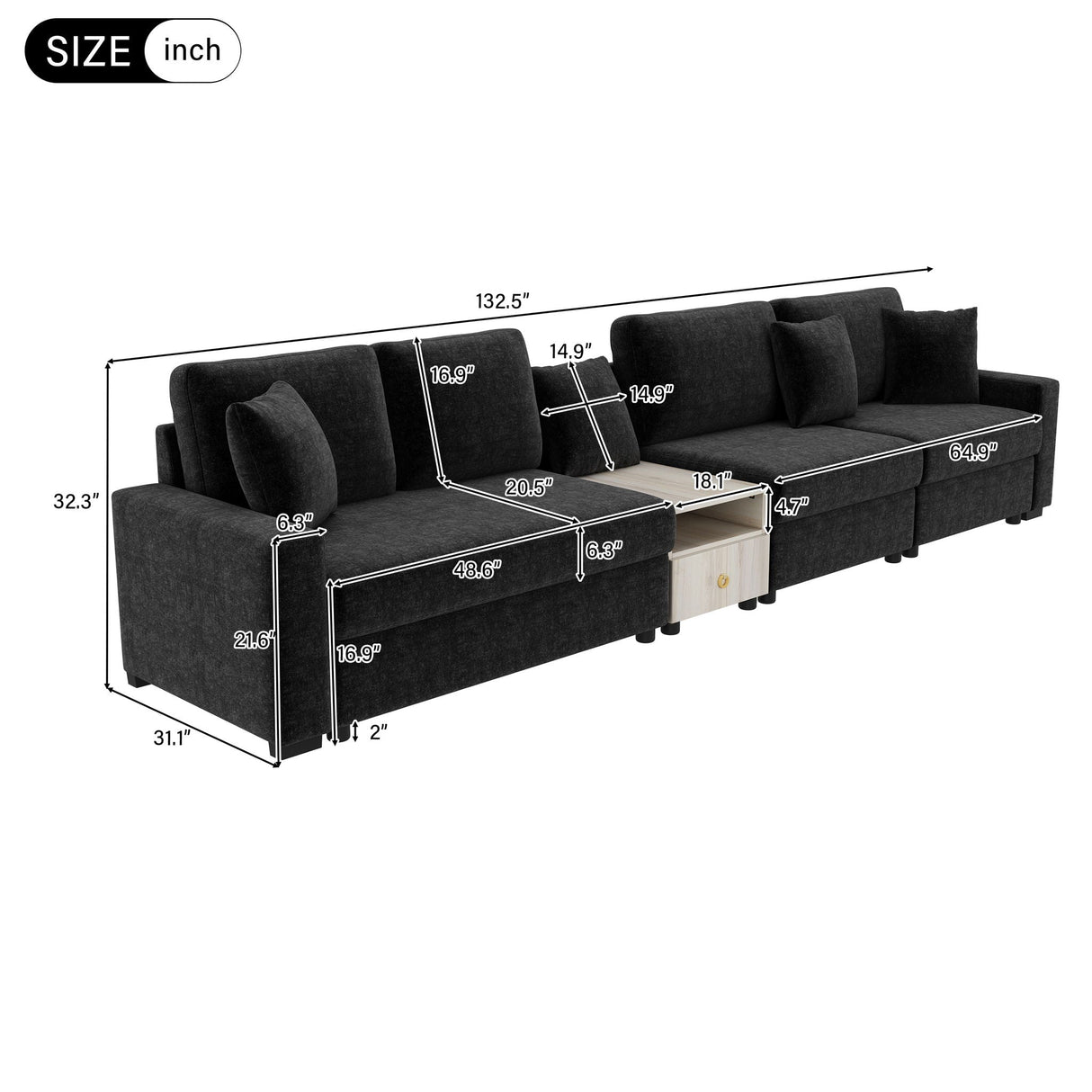 Modular Sofa Couch With Storage Armrest and Center Console