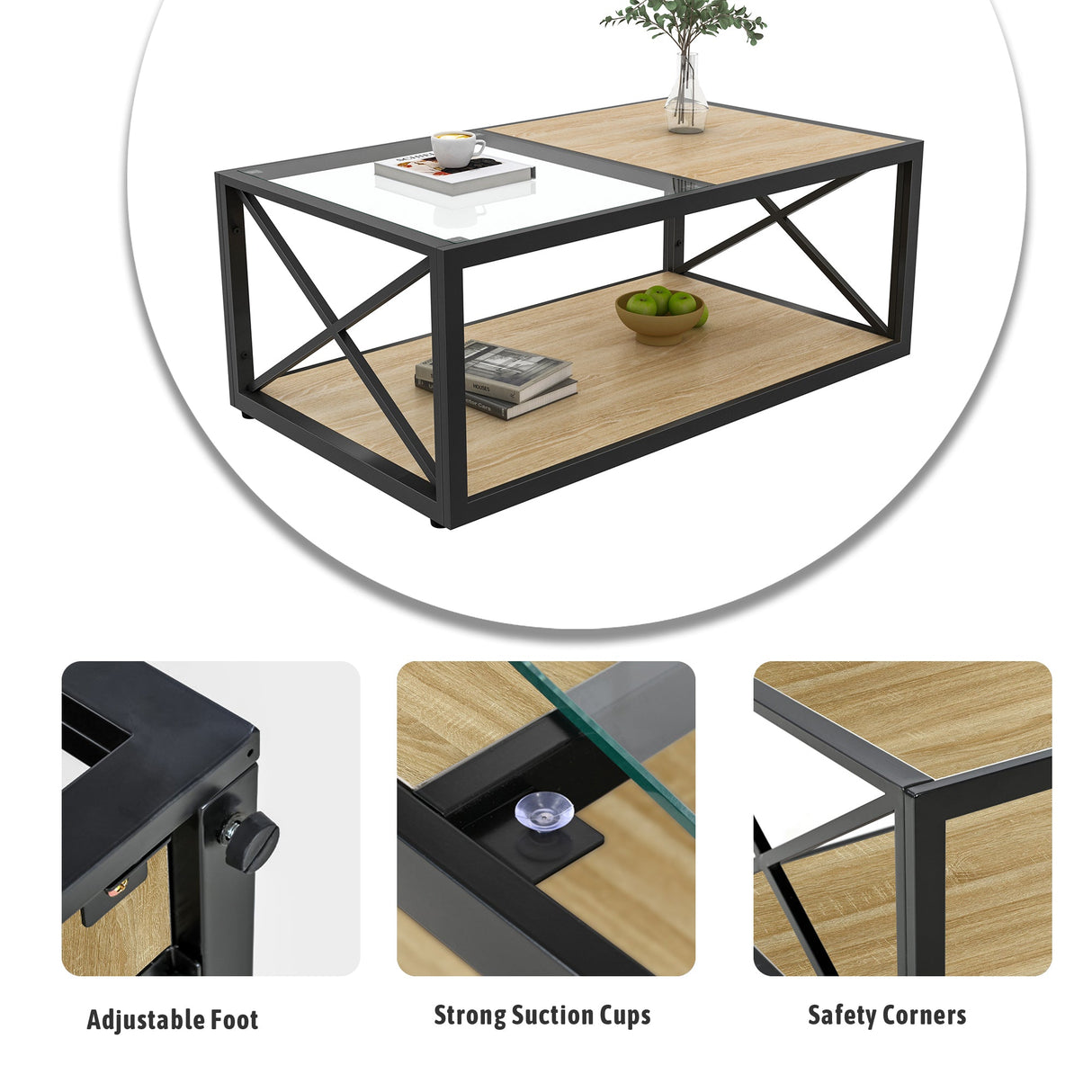 Modern Coffee Table with Tempered Glass and Natural Wood MDF Top