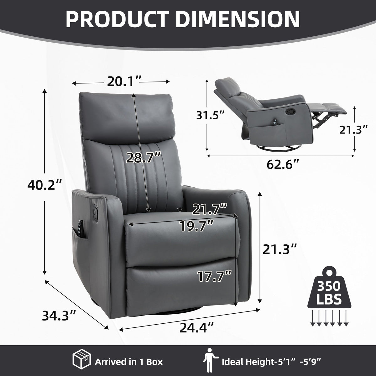 Grey Faux Leather Heat Massage Manual Recliner Chair with Rocker and Swivel