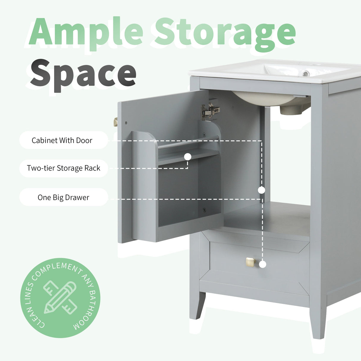 20" Bathroom Vanity with Sink, Storage Rack, and Soft Closing Door - Grey
