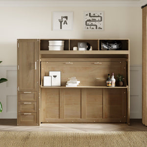 Full Size Murphy Bed With Wardrobe, Drawers, And Open Shelves - Wood