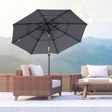 9ft 3 tiers patio umbrella outdoor market umbrella with crank, push button tilt for deck, backyard and lawn, dark gray
