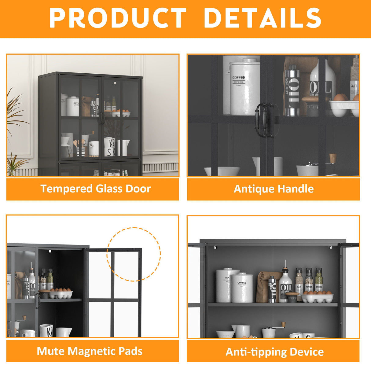 Premium Metal Storage Cabinet With Tempered Glass Doors, Adjustable Shelves, And Anti Tipping Device - Black