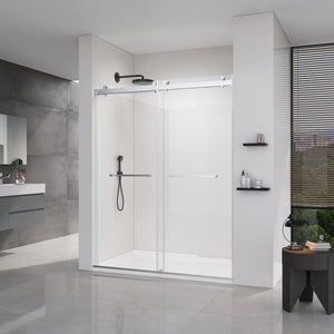 56-60*76 INCH Double Sliding Frameless Soft-Close Shower Door with Premium (8mm)Thick Tampered Glass and Easy-Cleaning Coating In --Brushed Nickel