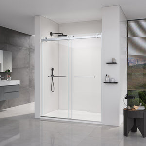 56-60*76 INCH Double Sliding Frameless Soft-Close Shower Door with Premium (8mm)Thick Tampered Glass and Easy-Cleaning Coating In --Brushed Nickel