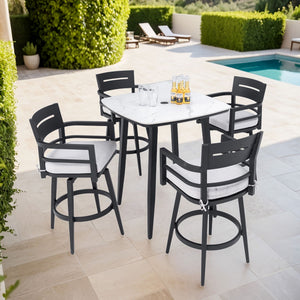 Modern Outdoor Patio Bar Set, Rounded Square Table & Bar Chairs, Non Rust Frame, Tapered Legs, Sunbrella Cushion