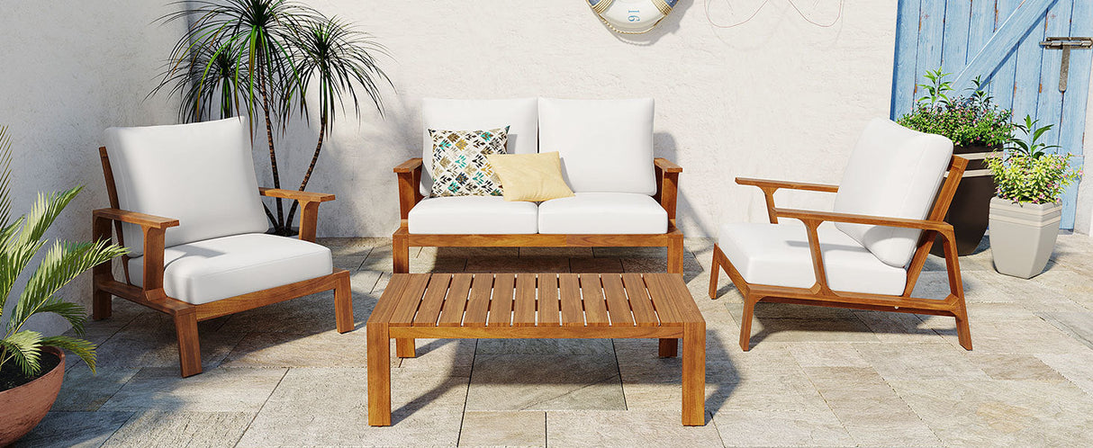 Acacia Wood Outdoor Sofa Set for 4 with Cushions and Coffee Table