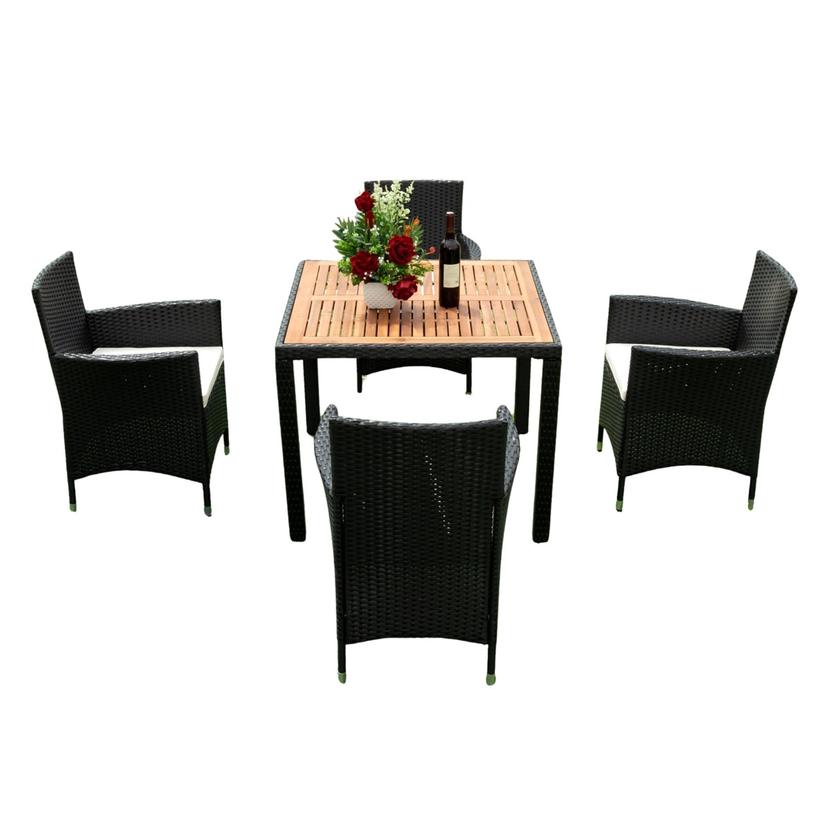 EELIFEE 5-Piece Outdoor Patio Wicker Dining Set with Acacia Wood Top