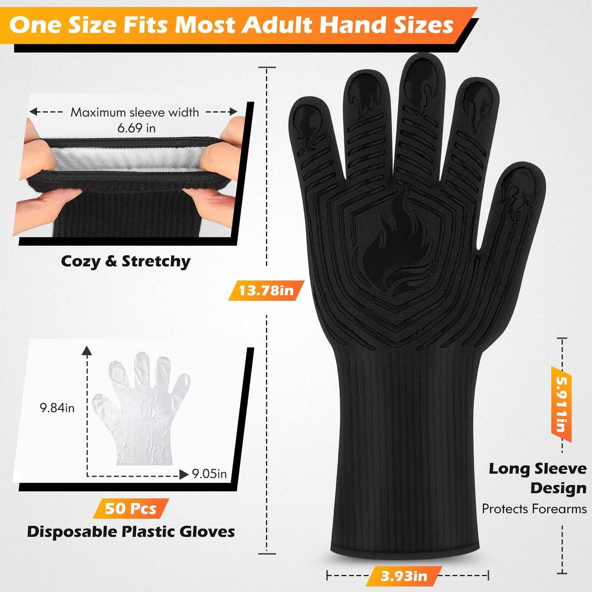 Heat Resistant BBQ Gloves with Silicone Grip - Black