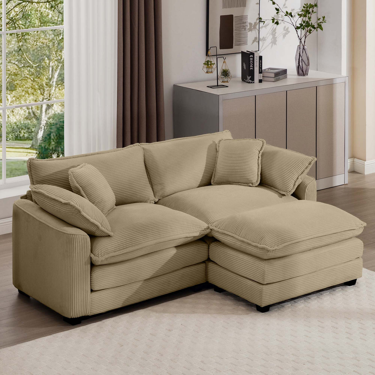 Modern Modular Cushion Sofa Set with Ottoman - Fabric, Multiple Colors