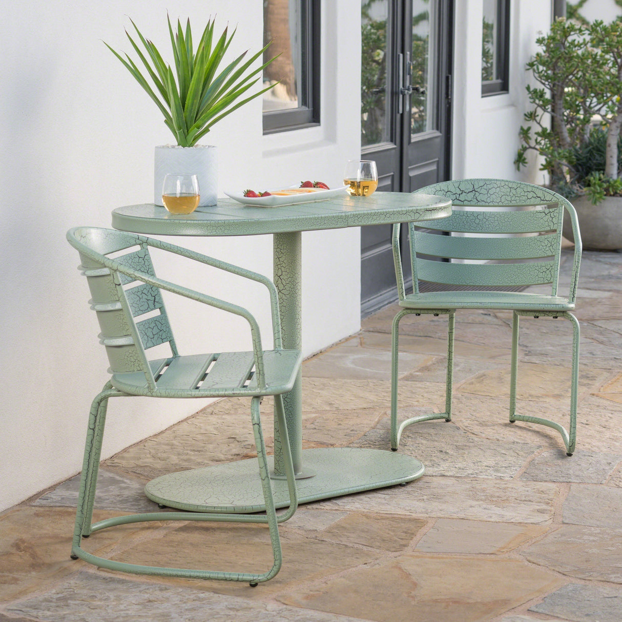 Santa Monica Bistro Set Modern Outdoor Dining Green Iron 3-Piece