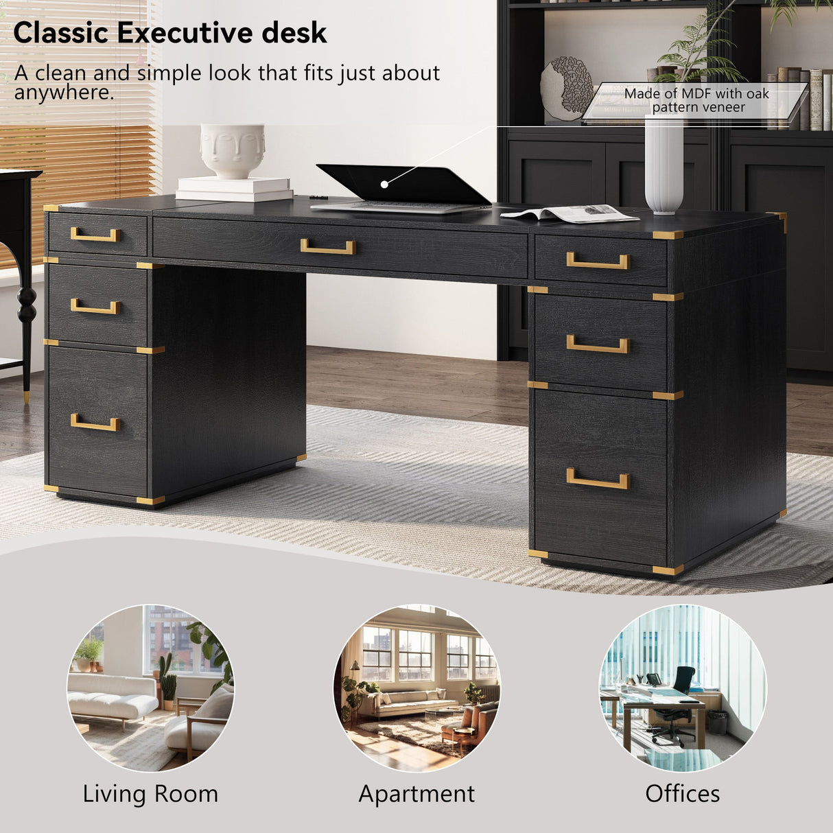 70" Extra-Large Classic and Traditional Executive Desk with Metal Edge Trim