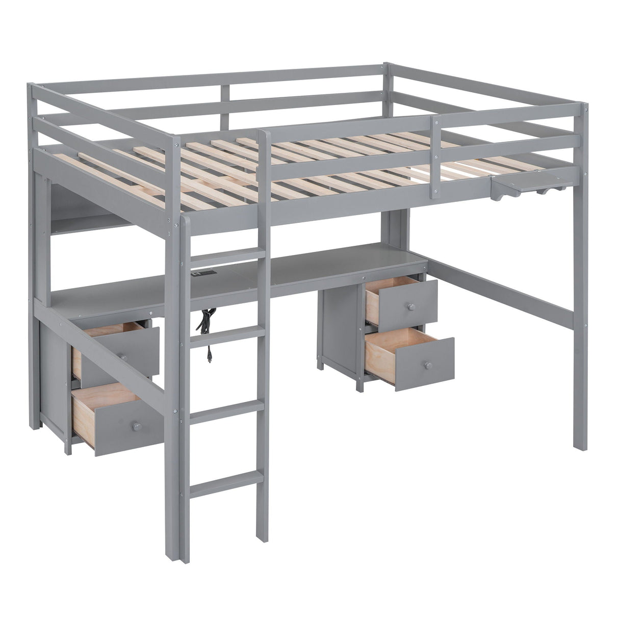 Loft Bed With Desk, Cabinets, Drawers, Charging Station And Bedside Tray