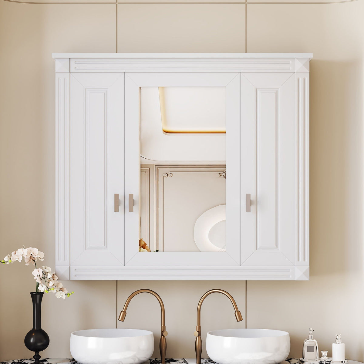 Wall Mounted Bathroom Cabinet with 5 Adjustable Shelves and Mirror - Black or White