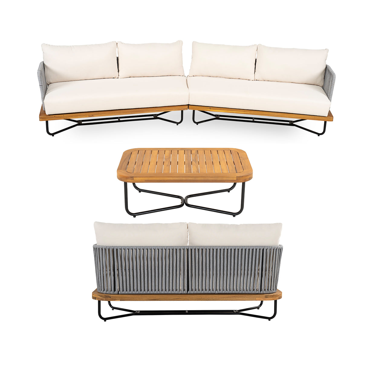 Lucca Outdoor 6 Seaters Acacia Wood and Rope Woven Patio Conversation Set