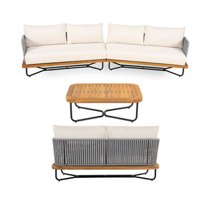 Lucca Outdoor 6 Seaters Acacia Wood and Rope Woven Patio Conversation Set