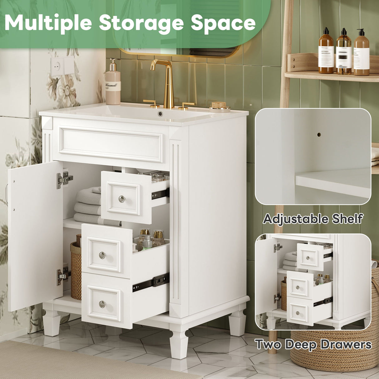 Bathroom Vanity With Sink, Compact Cabinet & 2 Drawers And Adjustable Shelf