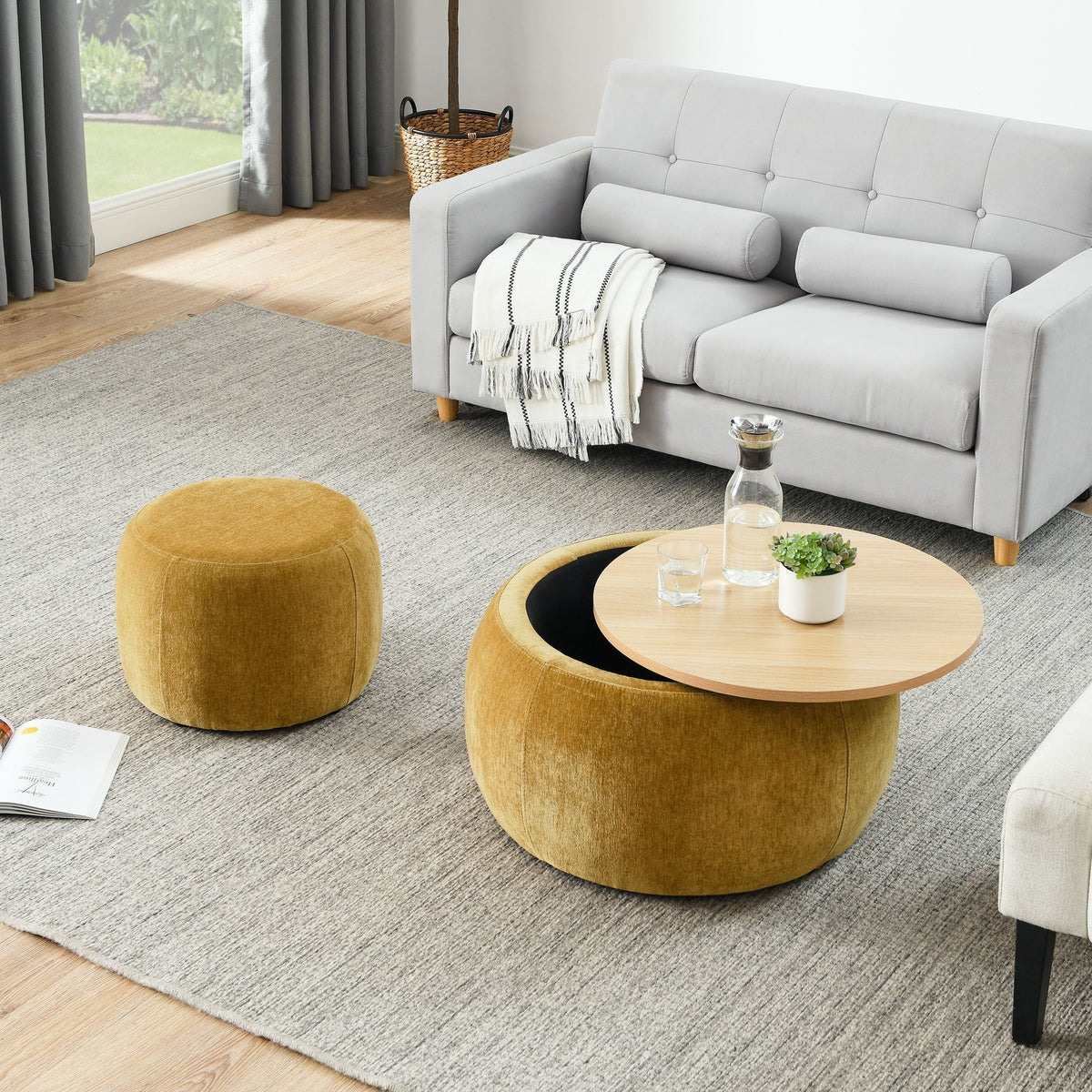 Round Storage Ottoman, 2 In 1 Function, End Table And Ottoman