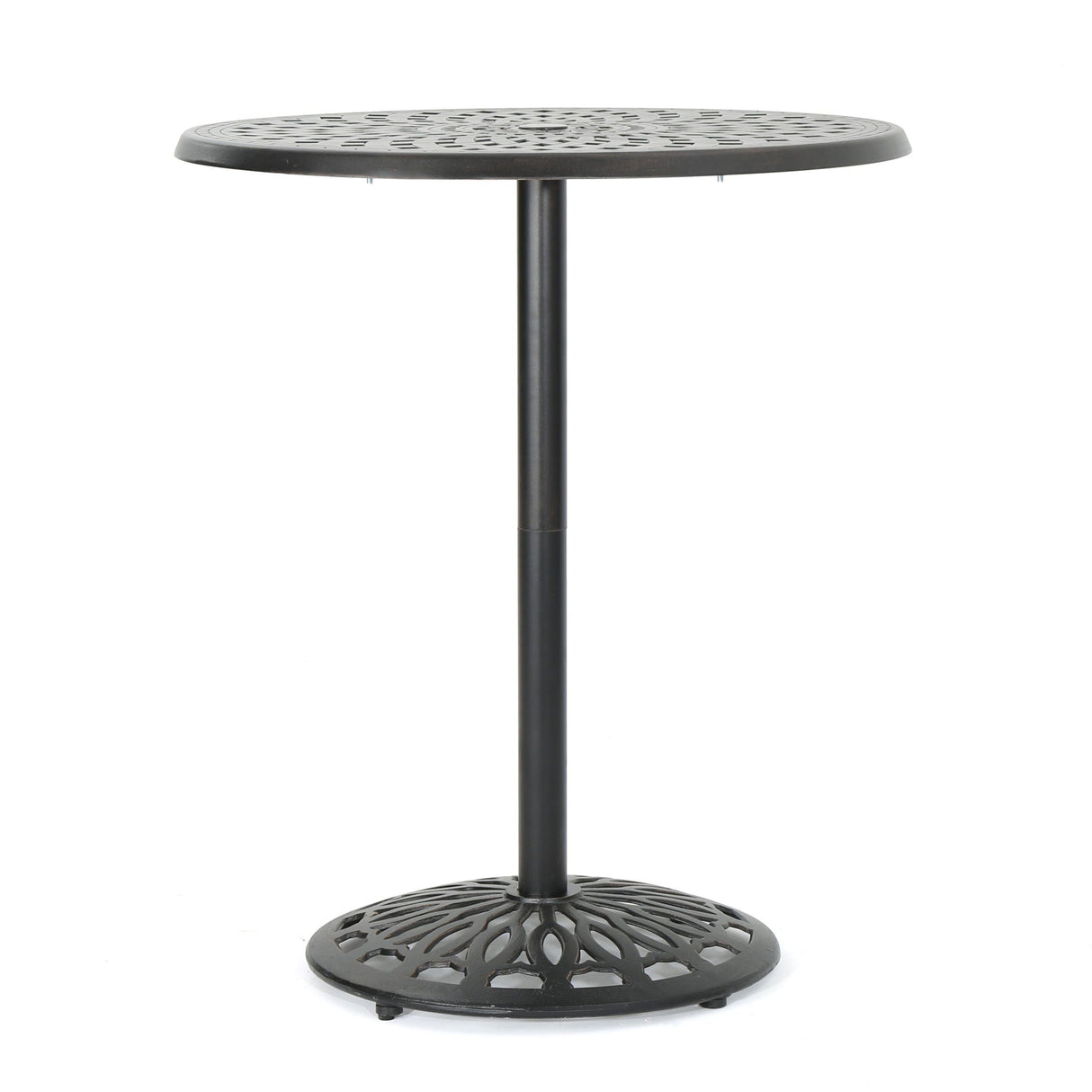 Elegant Cast Aluminum Round Bar Table with Romantic Filigree Design - Copper