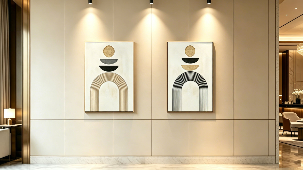 24x36 Set of 2 Framed Boho Abstract Wall Art, Neutral Antique