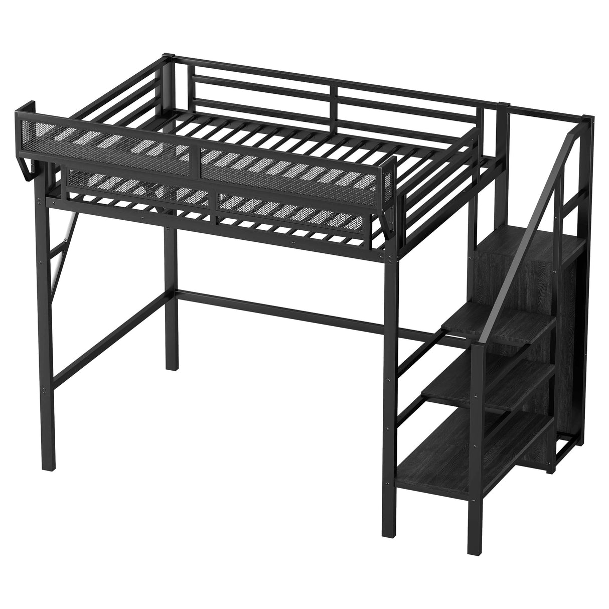 Twin Size Loft Bed with Stairs, Metal Full Loft Bed with Storage Shelves